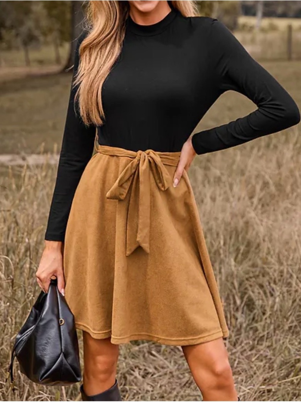 NWT Cupshe Two-Tone Mock Neck Dress with Tie Waist - Black & Camel sz M